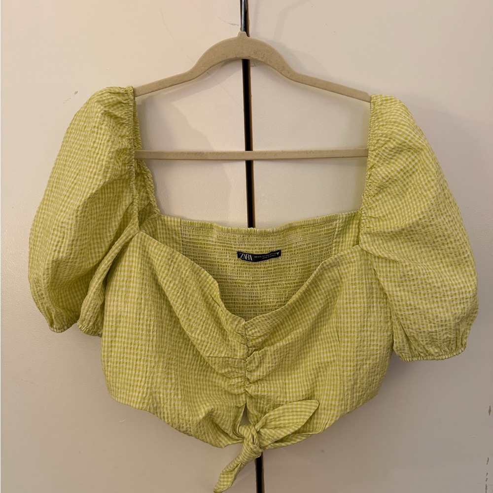 Zara Lime Green Puff Sleeve Cropped Blouse